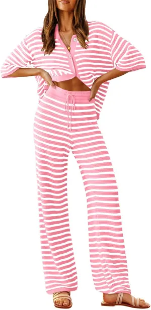 Tankaneo Womens Knit 2 Piece Lounge Sets Striped Short Sleeve Tops and Wide Leg Pants Travel Airport Vacation Outfits