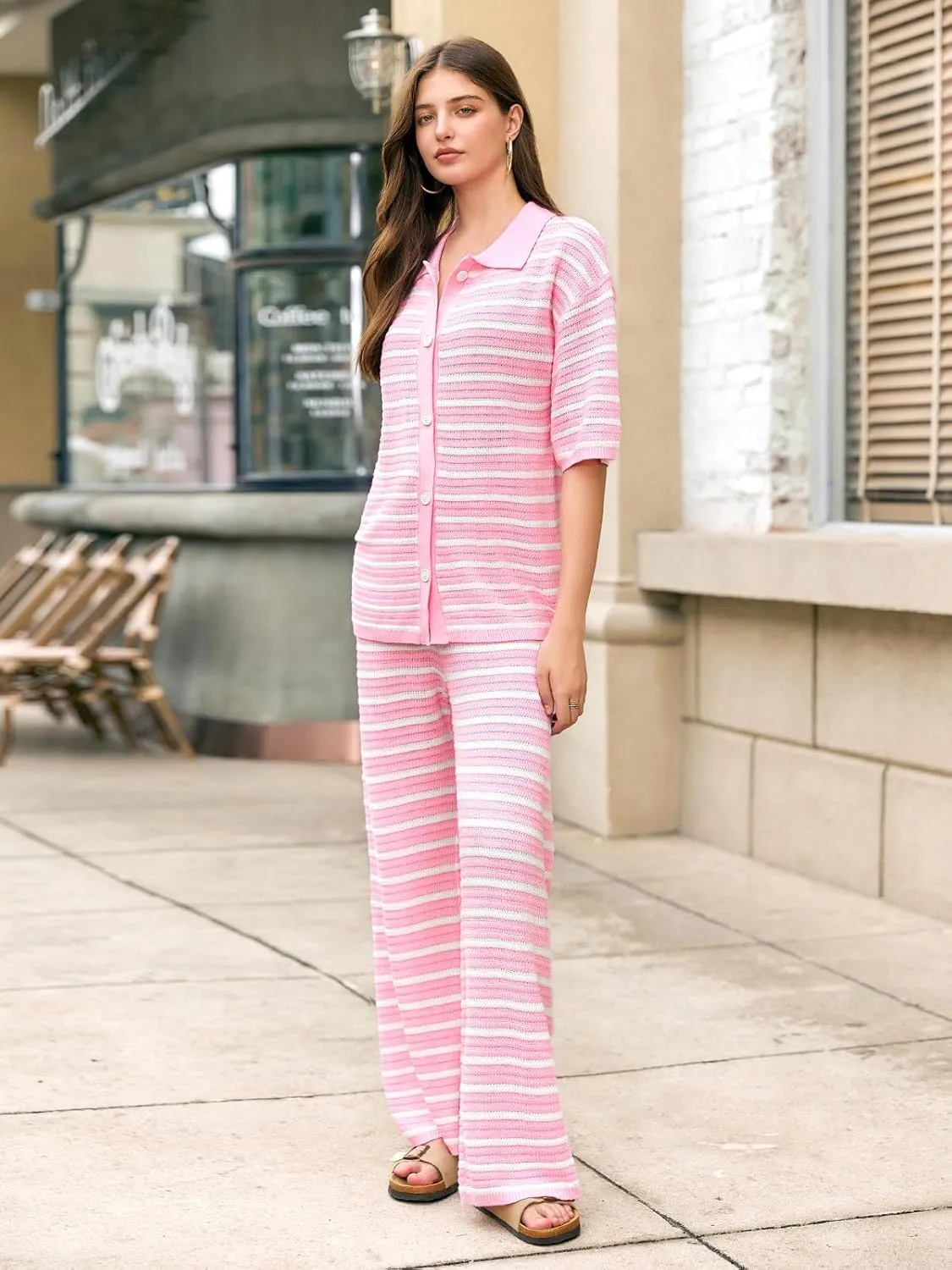 Tankaneo Womens Knit 2 Piece Lounge Sets Striped Short Sleeve Tops and Wide Leg Pants Travel Airport Vacation Outfits