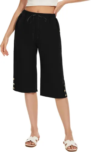 TBA Wide Leg Straight Capri Pants for Women Drawstring Elastic High Waist Joggers Pants Casual Cropped Trousers with Pockets
