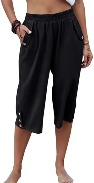 TBA Wide Leg Straight Capri Pants for Women Loose Casual Joggers Pants Elastic High Waist Cropped Trousers with Pockets Black