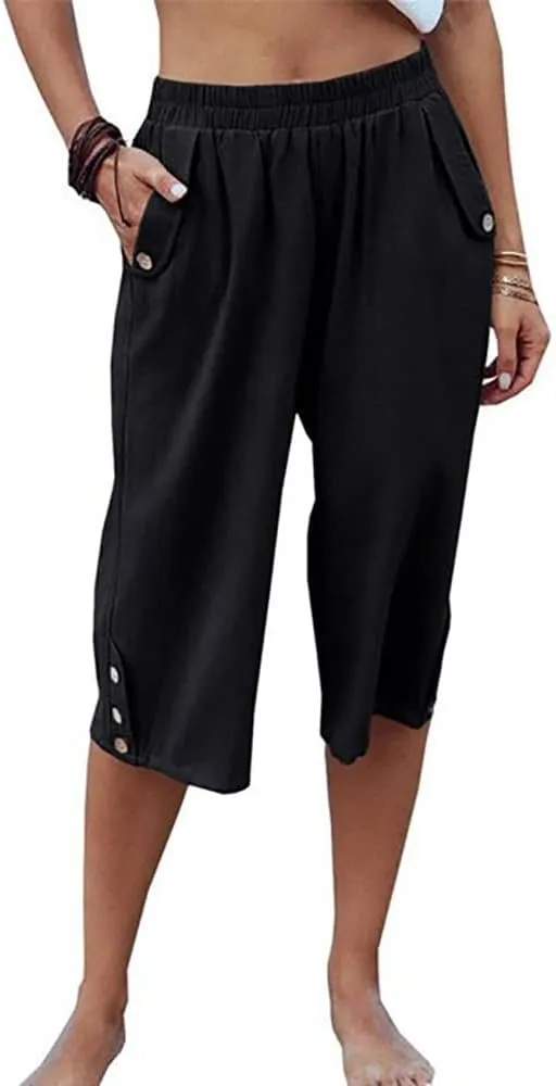 TBA Wide Leg Straight Capri Pants for Women Loose Casual Joggers Pants Elastic High Waist Cropped Trousers with Pockets Black