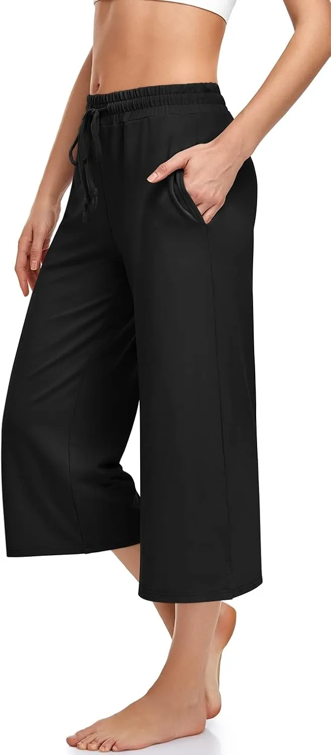 UEU Womens Capri Yoga Pants Summer Wide Leg Loose Casual Cropped Lounge Drawstring Pajama Capris Sweatpants with Pockets