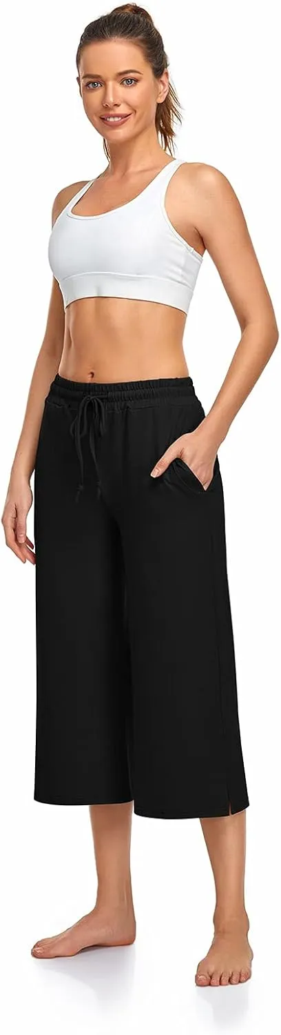 UEU Womens Capri Yoga Pants Summer Wide Leg Loose Casual Cropped Lounge Drawstring Pajama Capris Sweatpants with Pockets