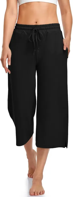 UEU Womens Capri Yoga Pants Summer Wide Leg Loose Casual Cropped Lounge Drawstring Pajama Capris Sweatpants with Pockets