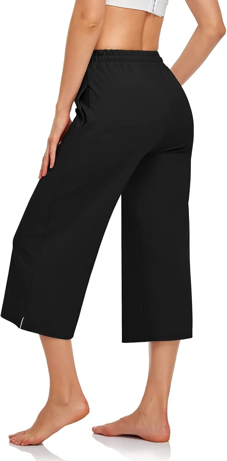 UEU Womens Capri Yoga Pants Summer Wide Leg Loose Casual Cropped Lounge Drawstring Pajama Capris Sweatpants with Pockets