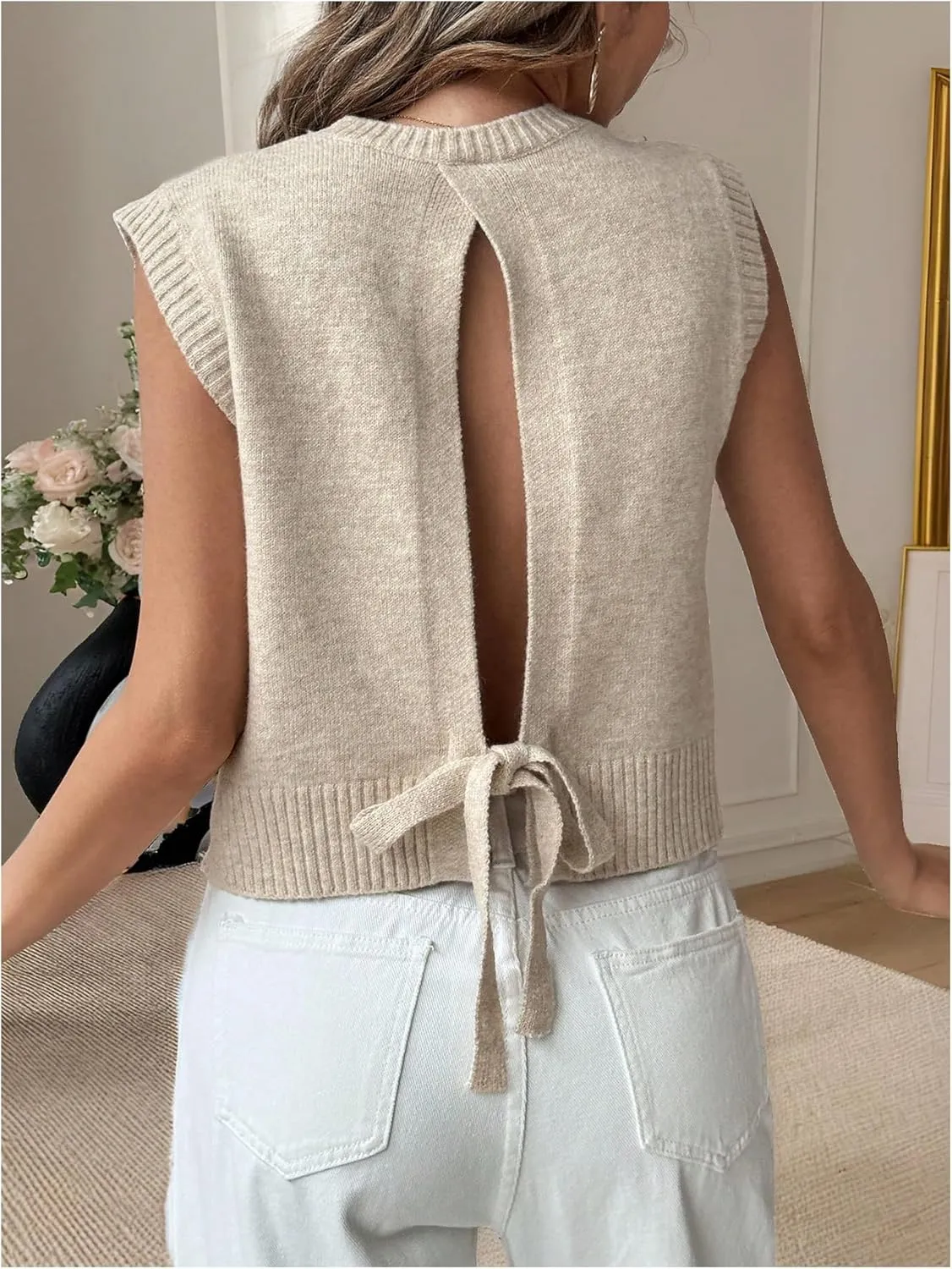 Verdusa Women's Backless Tie Knot Knit Sweater Vest Sleeveless Split Pullover Tank Top