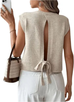 Verdusa Women's Backless Tie Knot Knit Sweater Vest Sleeveless Split Pullover Tank Top