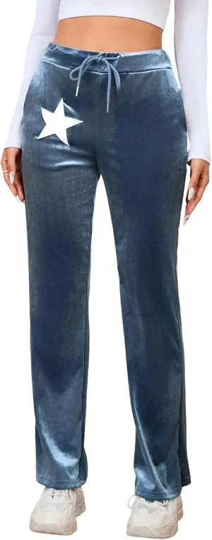 Verdusa Women's Drawstring Waist Flare Leg Velvet Pants with Pocket