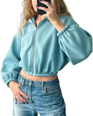 Viatabuna Cropped Zip Up Hoodies for Women Oversized Long Sleeve Casual Loose Short Sweatshirt 90s Hooded Crop Jacket Top