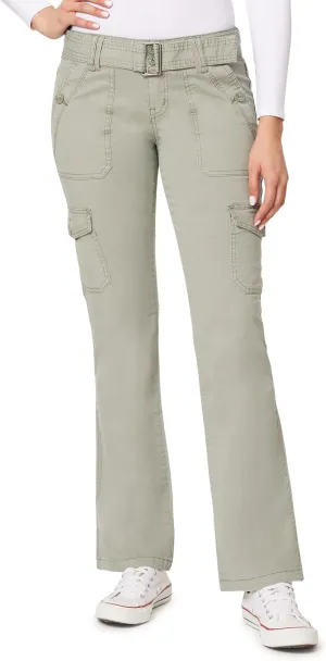 WallFlower Women's Feisty Curvy Cargo Flare Low Rise Belted Insta Stretch Juniors Pants (Standard and Plus)