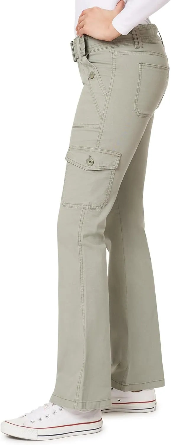 WallFlower Women's Feisty Curvy Cargo Flare Low Rise Belted Insta Stretch Juniors Pants (Standard and Plus)