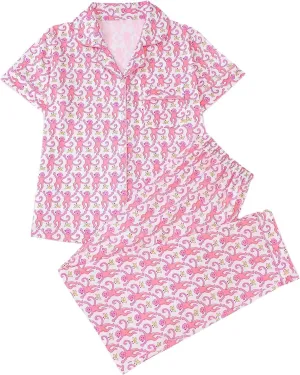 WDIRARA Women's 2 Piece Monkey Print Pajama Set Button Down Short Sleeve Tops and pants Sets Sleepwear