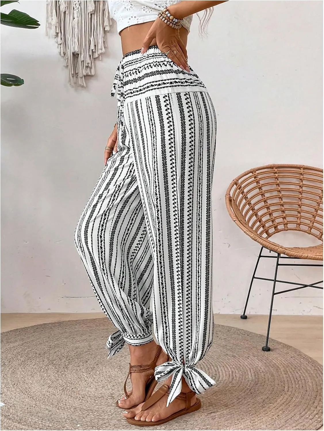 WDIRARA Women's Boho High Waist Split Knot Hem Long Pants Flowy Harem Yoga Pants