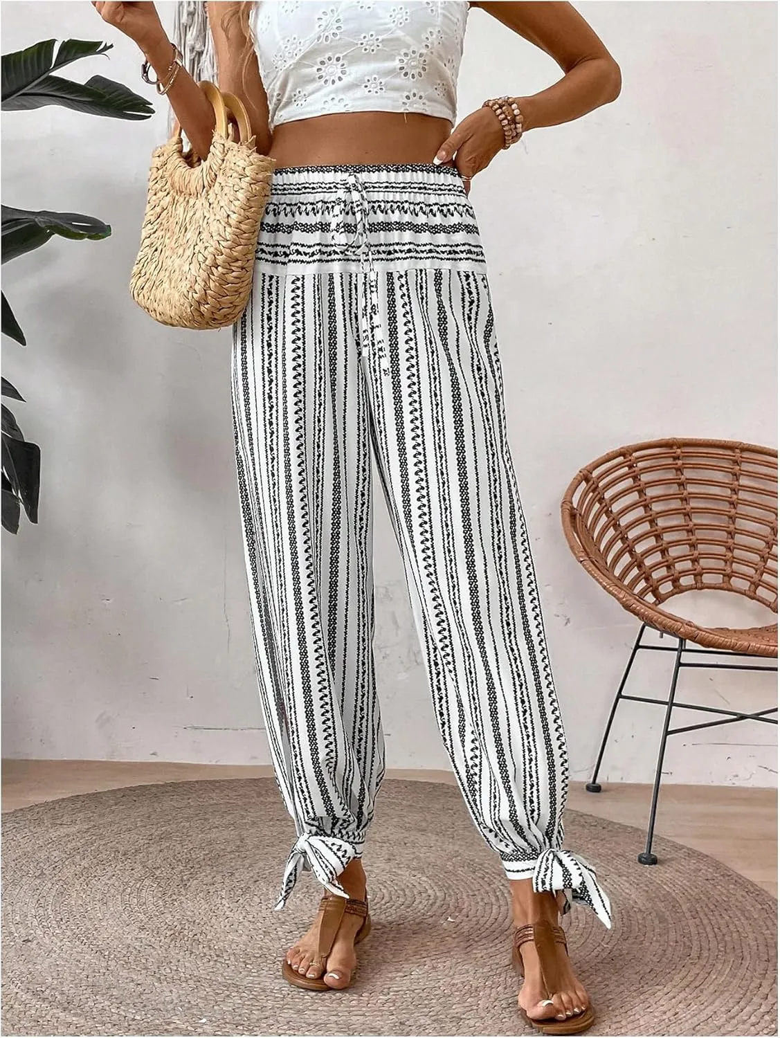 WDIRARA Women's Boho High Waist Split Knot Hem Long Pants Flowy Harem Yoga Pants