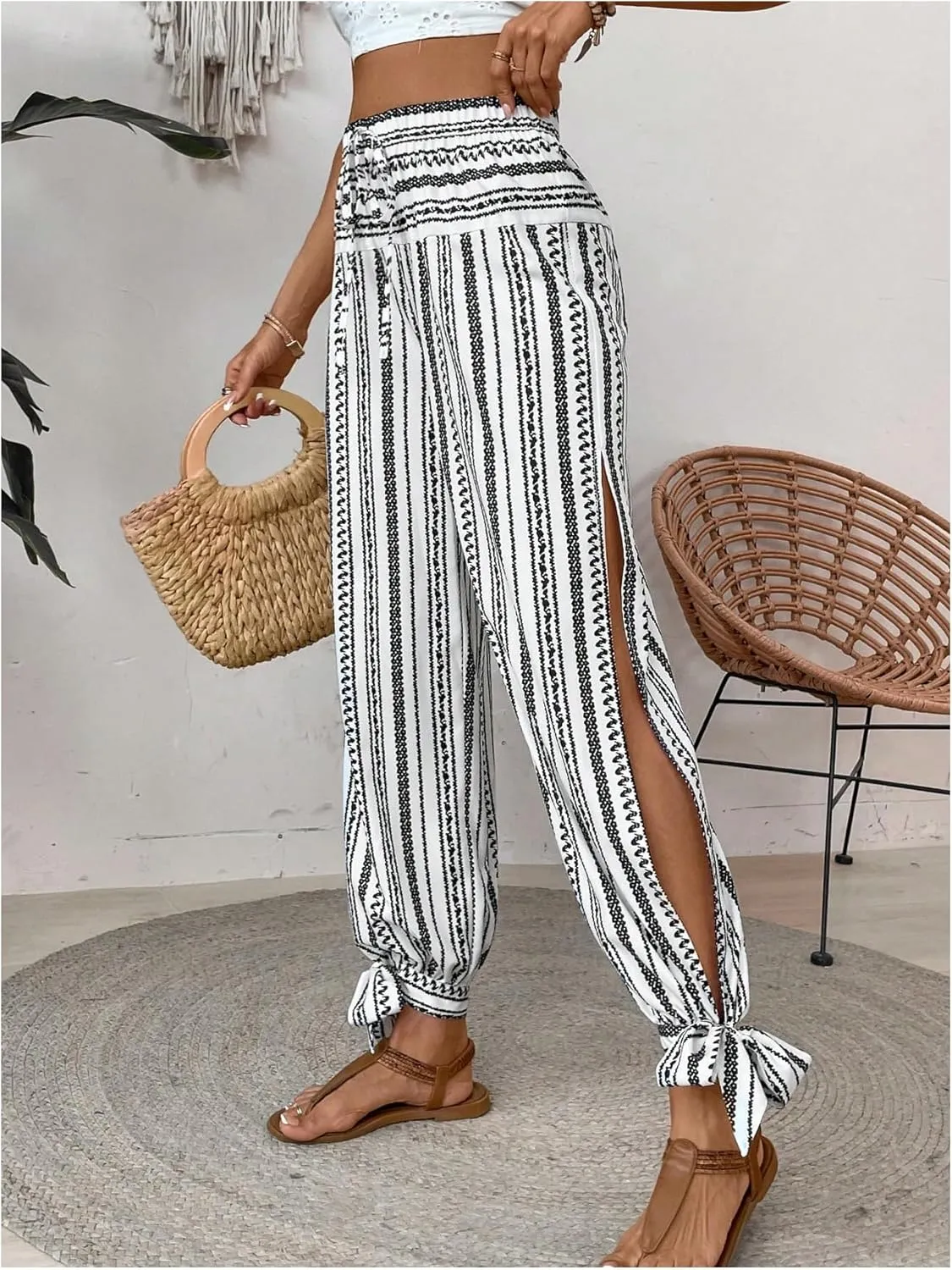 WDIRARA Women's Boho High Waist Split Knot Hem Long Pants Flowy Harem Yoga Pants
