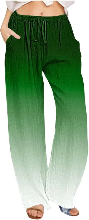 Wide Leg Linen Pants for Women Drawstringg Elastic Waist Gradient Palazzo Pants with Pockets Summer Casual Trousers