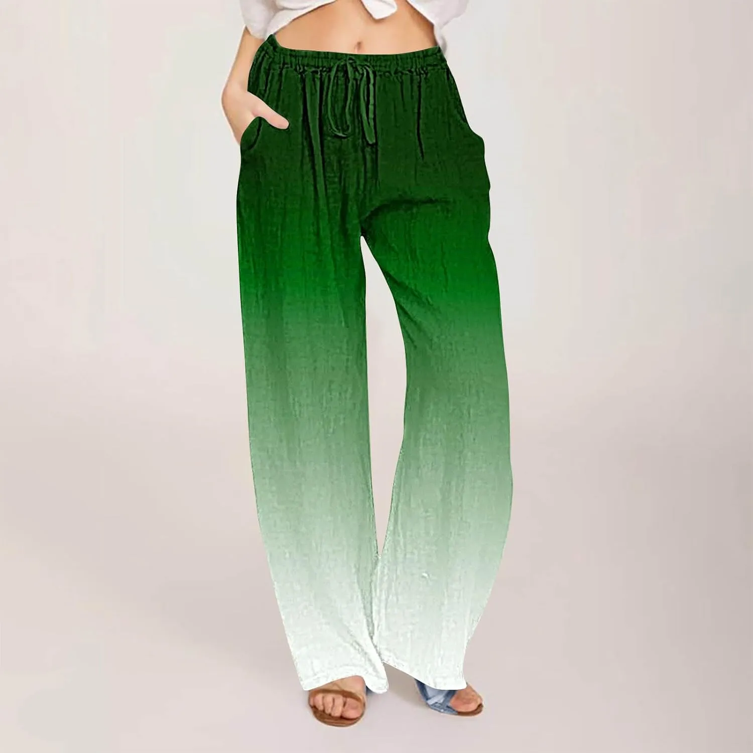 Wide Leg Linen Pants for Women Drawstringg Elastic Waist Gradient Palazzo Pants with Pockets Summer Casual Trousers