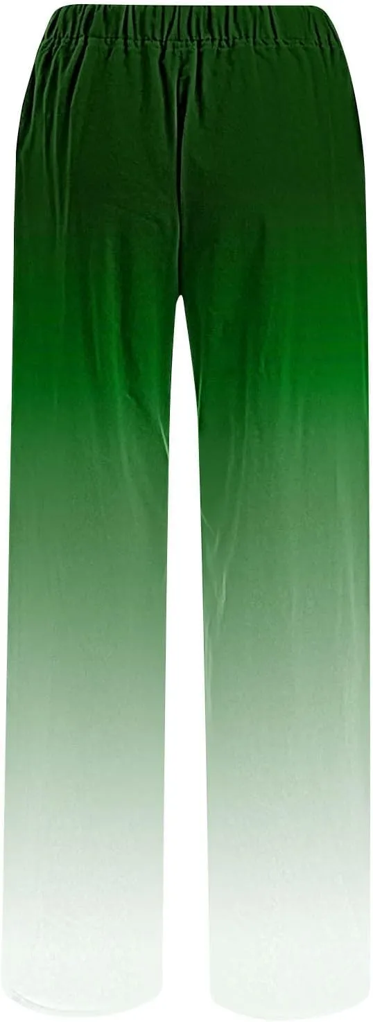 Wide Leg Linen Pants for Women Drawstringg Elastic Waist Gradient Palazzo Pants with Pockets Summer Casual Trousers