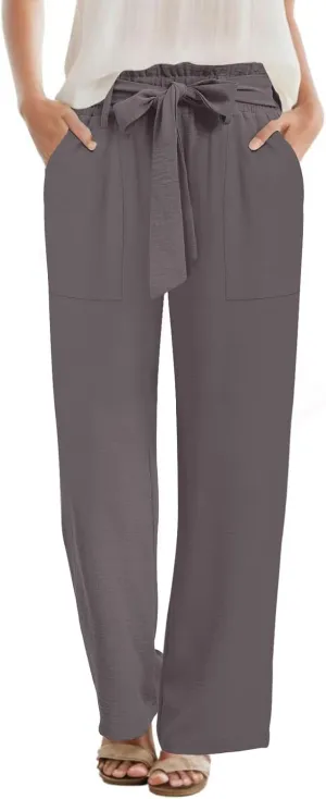 Wide Leg Pants for Women 2024 High Waisted Palazzo Pants with Pockets Adjustable Tie Knot Flowy Trousers