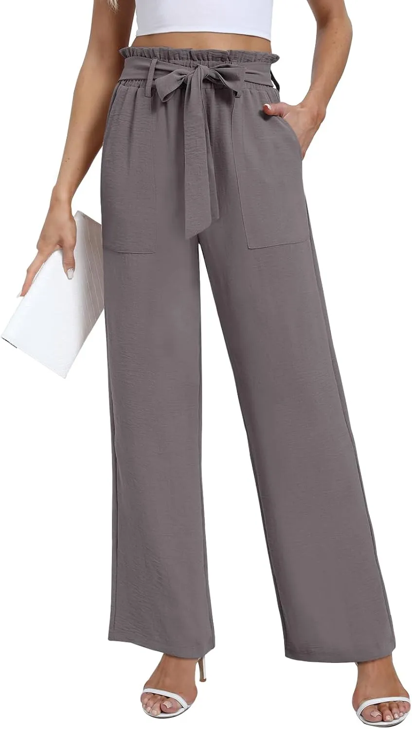 Wide Leg Pants for Women 2024 High Waisted Palazzo Pants with Pockets Adjustable Tie Knot Flowy Trousers