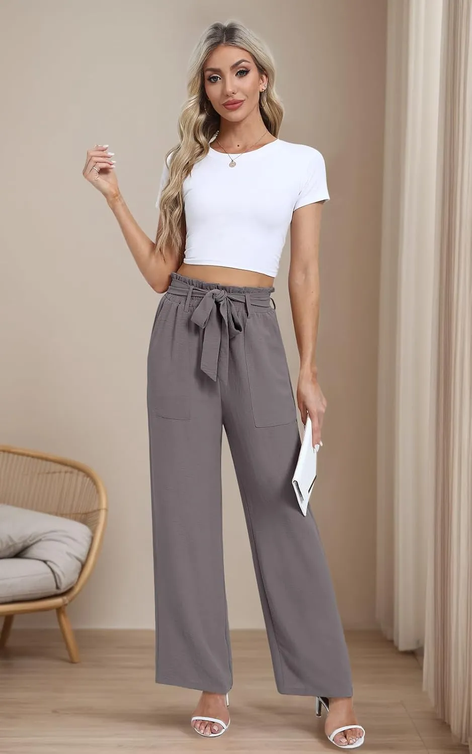 Wide Leg Pants for Women 2024 High Waisted Palazzo Pants with Pockets Adjustable Tie Knot Flowy Trousers