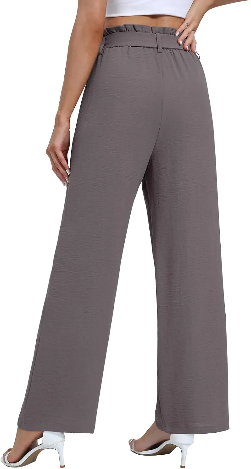 Wide Leg Pants for Women 2024 High Waisted Palazzo Pants with Pockets Adjustable Tie Knot Flowy Trousers