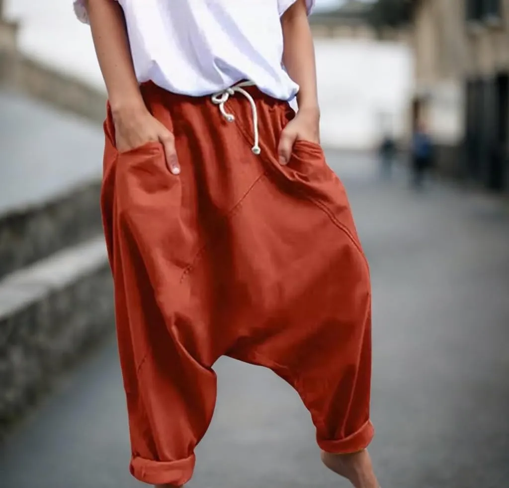 Women Baggy Linen Pants Casual Elastic High Waist Harem Pants Drawstring Loose Wide Leg Yoga Trousers with Pocket