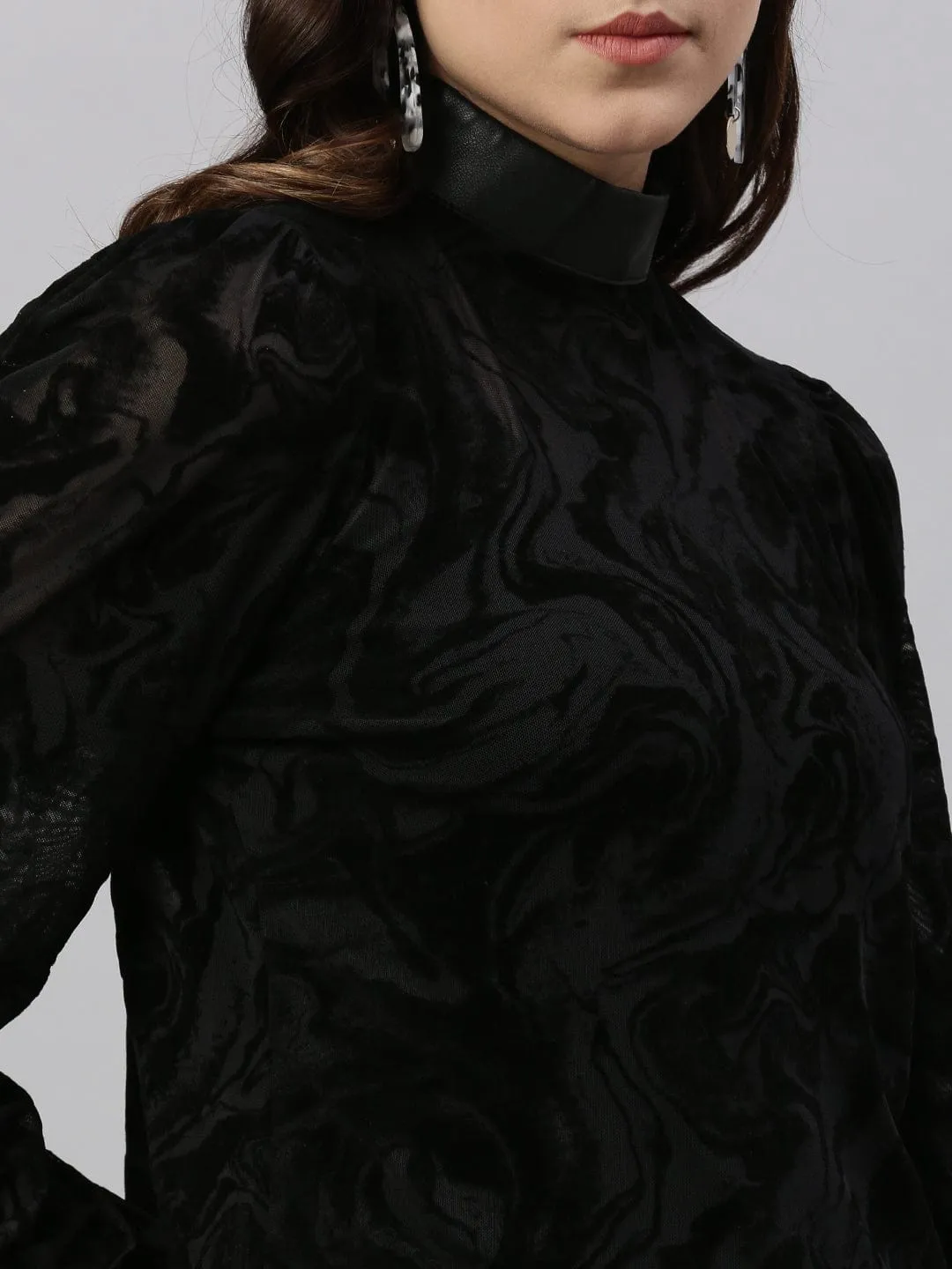 Women Black Self Design Sheer High Neck Nylon Top