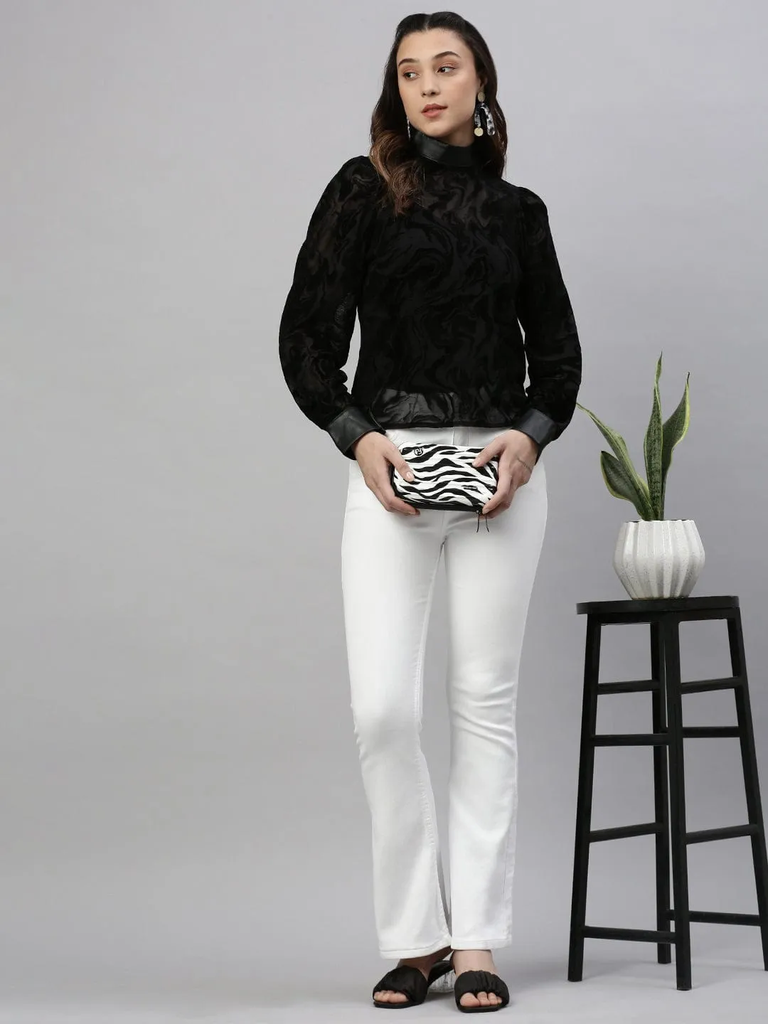 Women Black Self Design Sheer High Neck Nylon Top