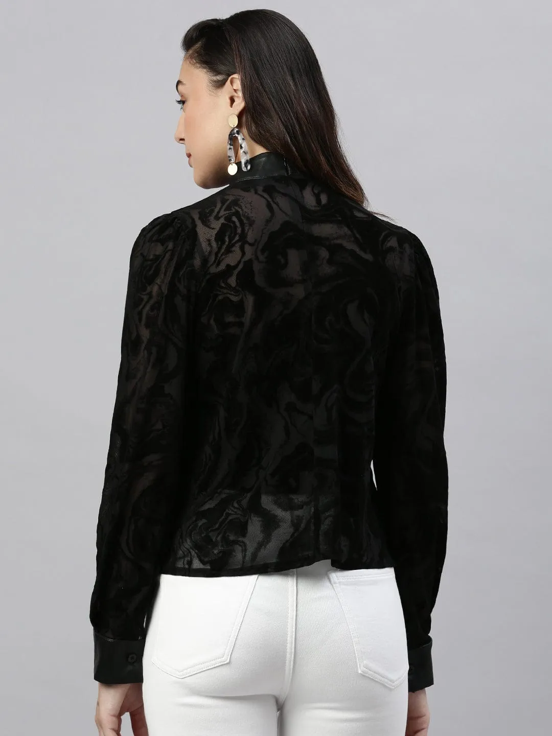 Women Black Self Design Sheer High Neck Nylon Top