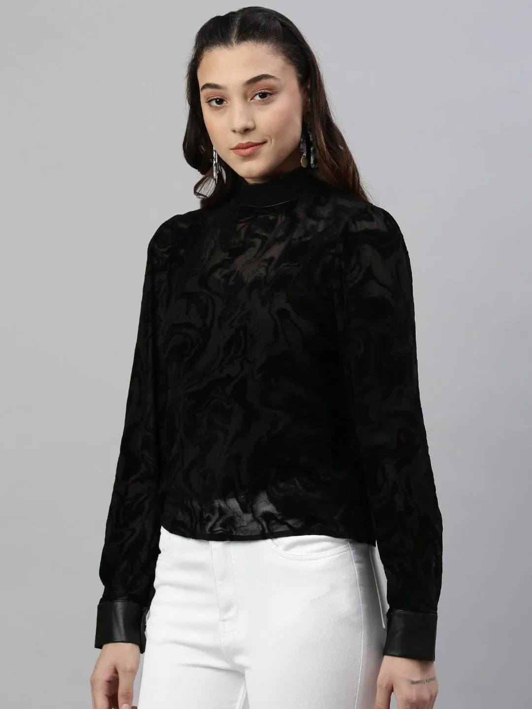 Women Black Self Design Sheer High Neck Nylon Top