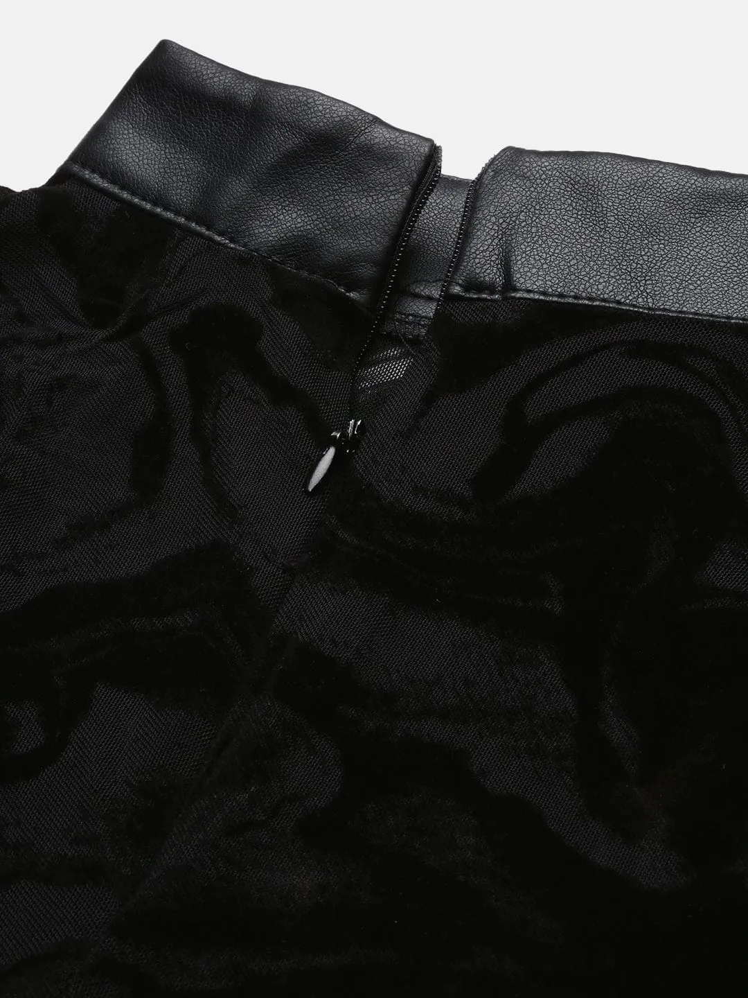 Women Black Self Design Sheer High Neck Nylon Top