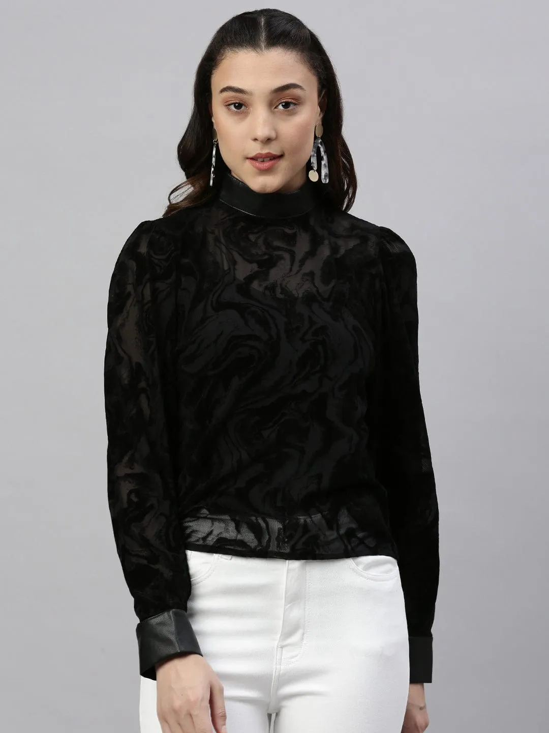 Women Black Self Design Sheer High Neck Nylon Top