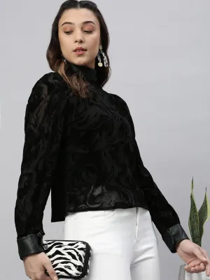 Women Black Self Design Sheer High Neck Nylon Top