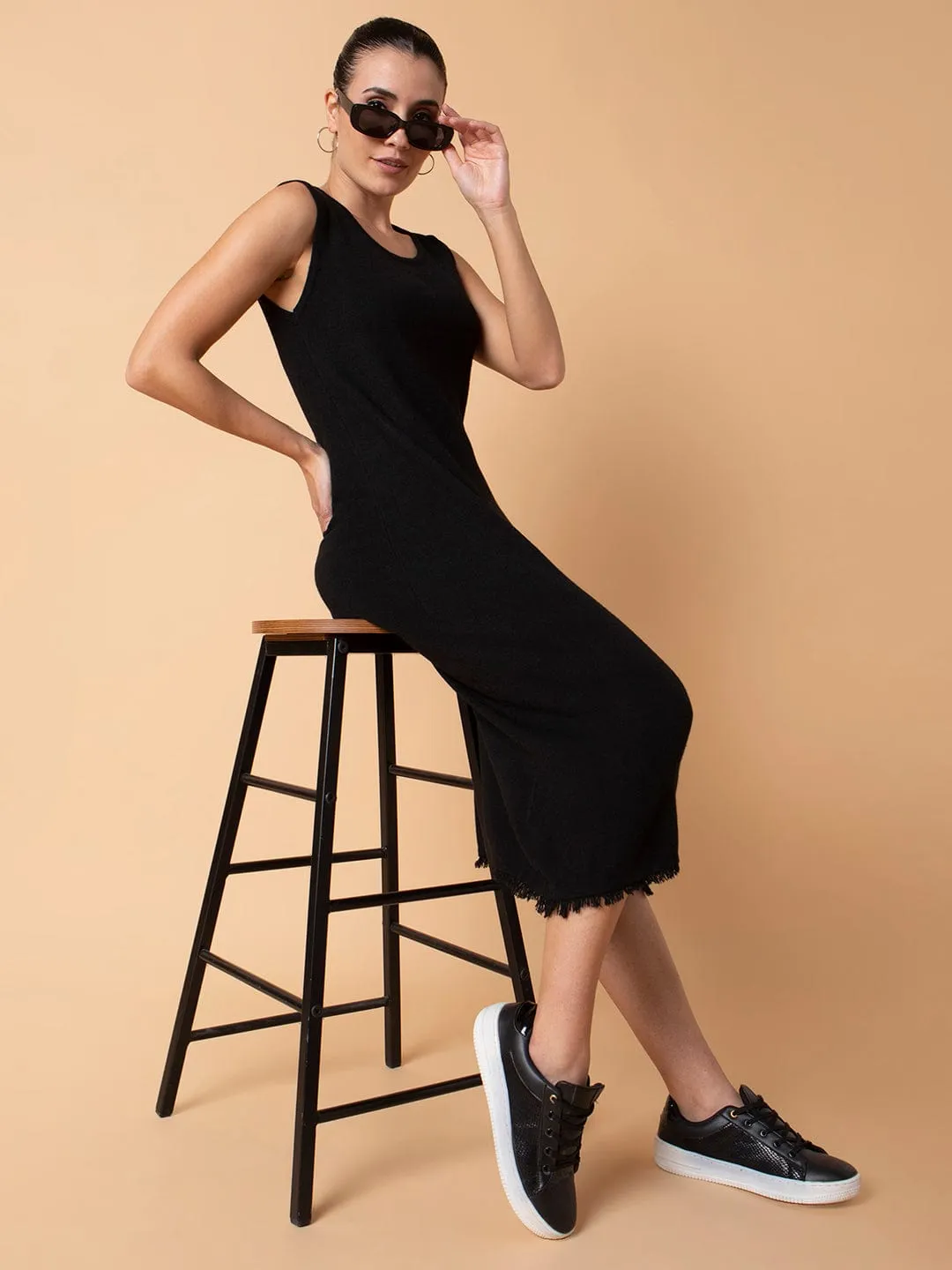 Women Casual Solid Black Midi Sheath Dress