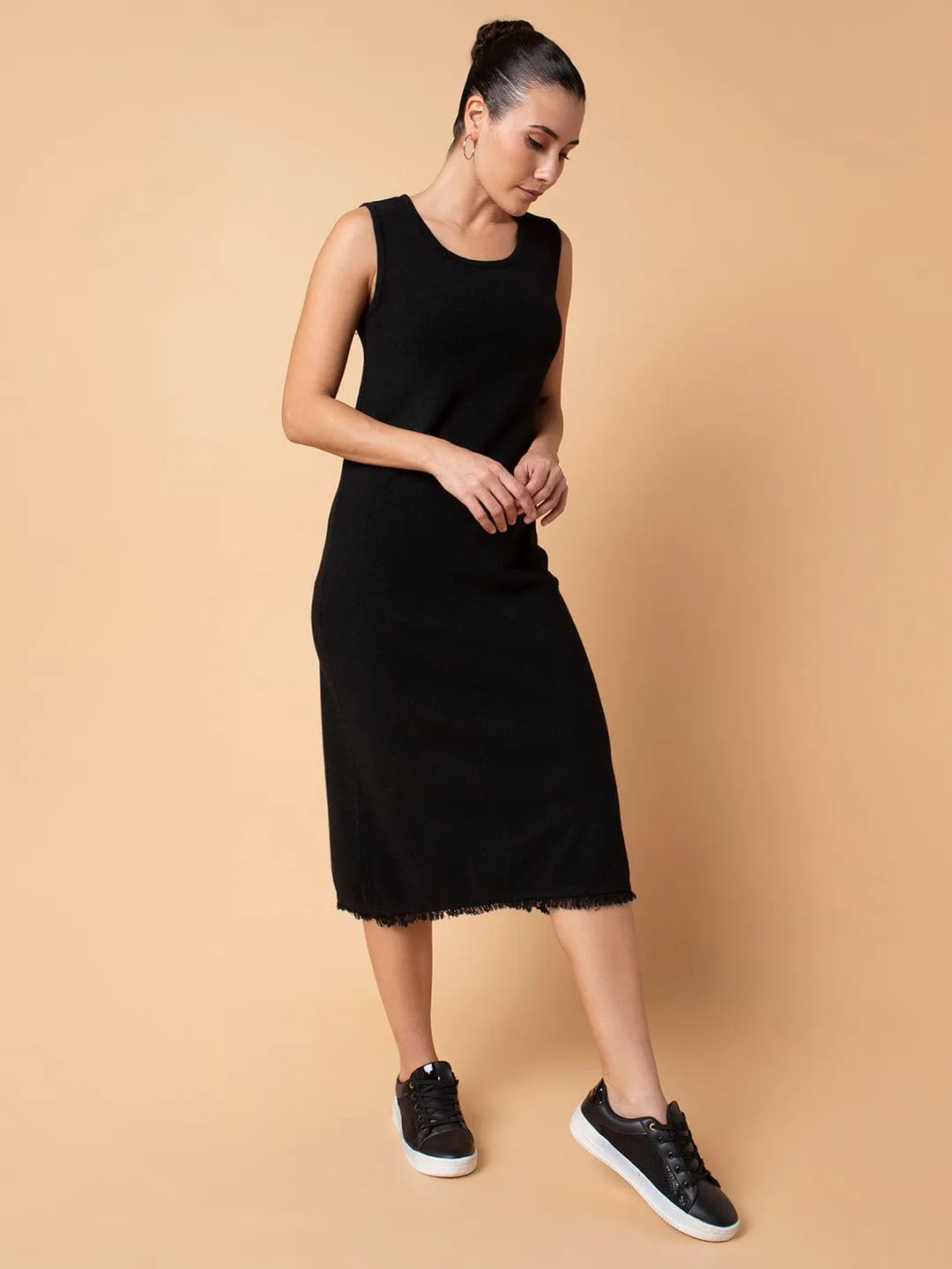 Women Casual Solid Black Midi Sheath Dress