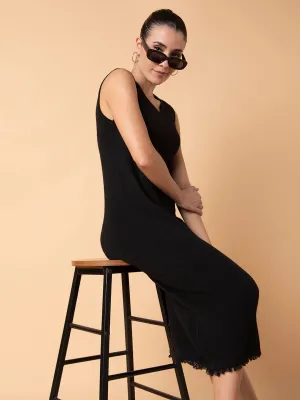 Women Casual Solid Black Midi Sheath Dress
