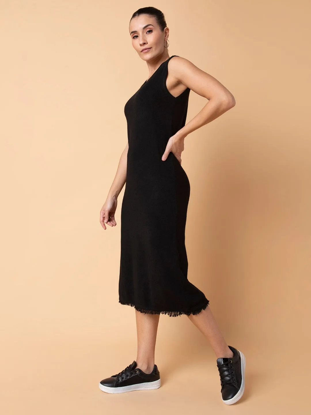 Women Casual Solid Black Midi Sheath Dress