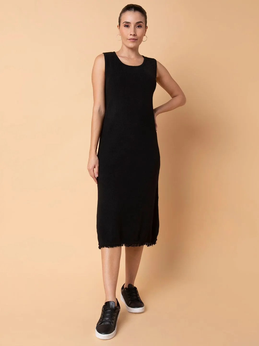 Women Casual Solid Black Midi Sheath Dress