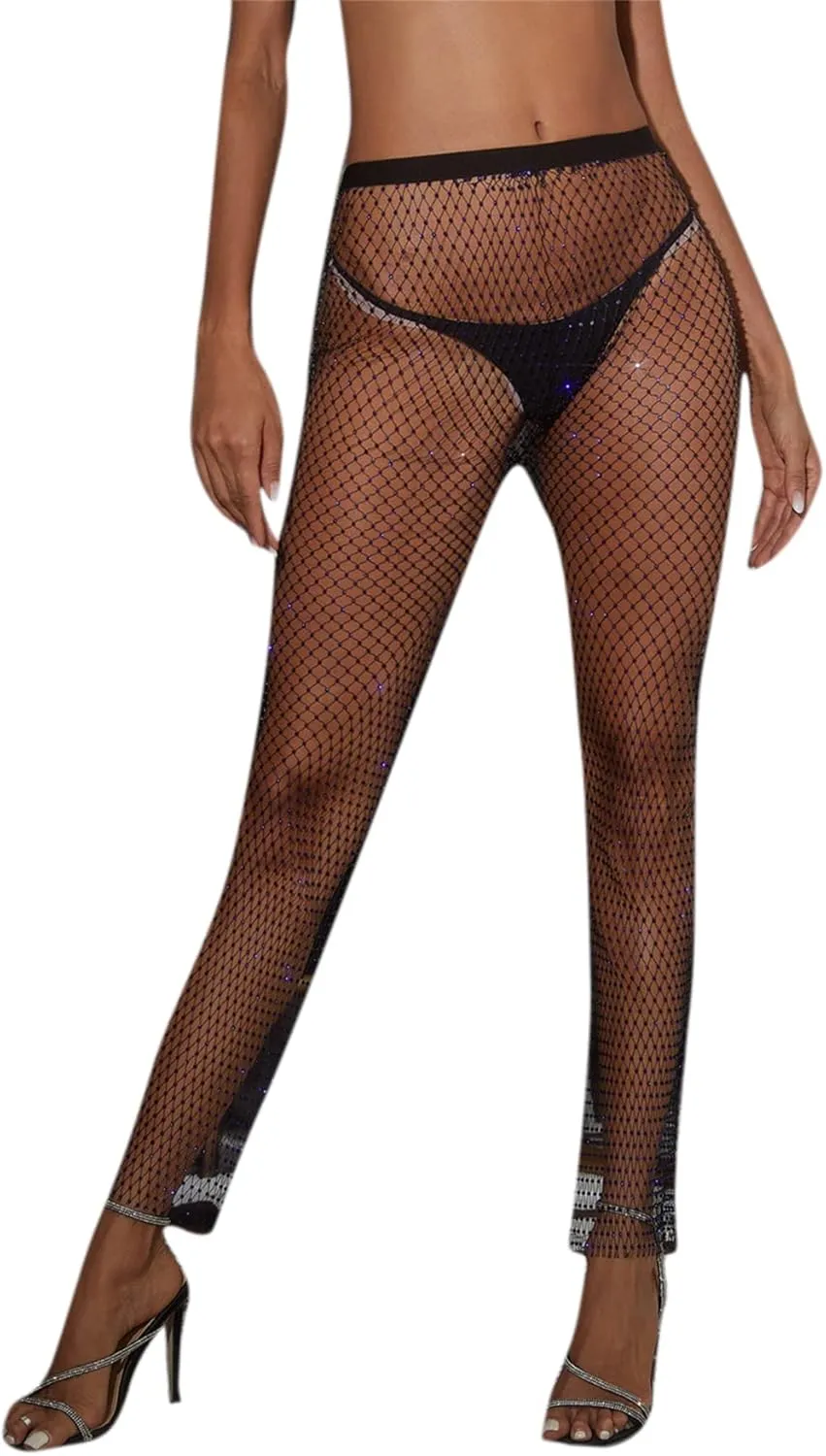 Women Sexy Crystal Rhinestone Mesh Pants Hollow Out Fishnet Leggings Rave Party Festival Club Trousers Beach Cover Up