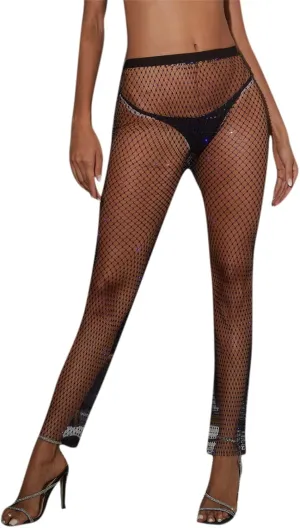 Women Sexy Crystal Rhinestone Mesh Pants Hollow Out Fishnet Leggings Rave Party Festival Club Trousers Beach Cover Up