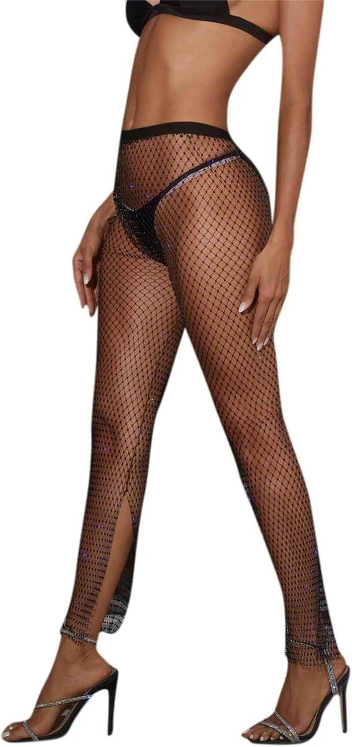 Women Sexy Crystal Rhinestone Mesh Pants Hollow Out Fishnet Leggings Rave Party Festival Club Trousers Beach Cover Up
