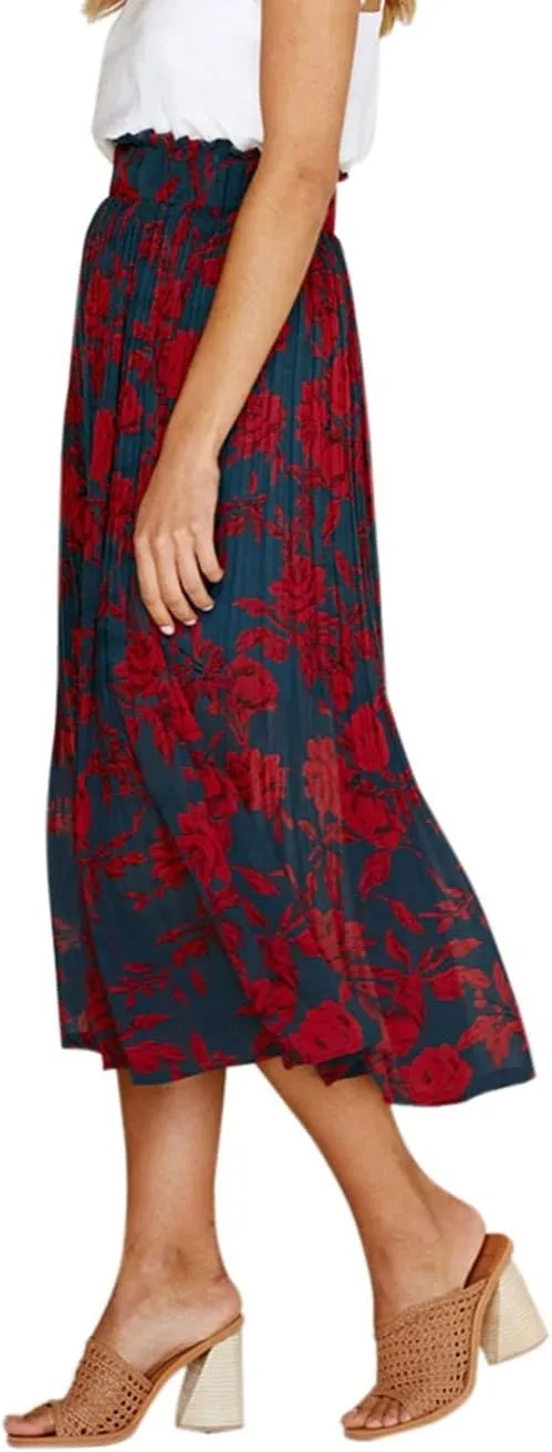 Women Trendy High Waist Ruffle Polka Dot Midi Swing Skirts Knee Length Boho Pleated Skirt with Pockets