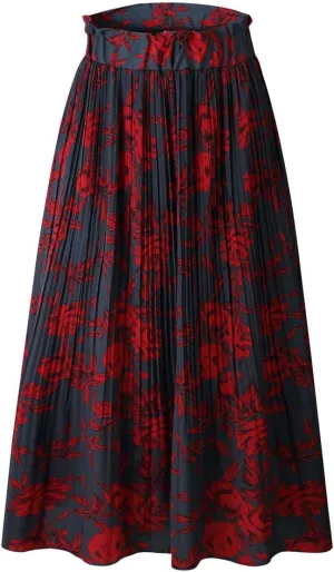 Women Trendy High Waist Ruffle Polka Dot Midi Swing Skirts Knee Length Boho Pleated Skirt with Pockets