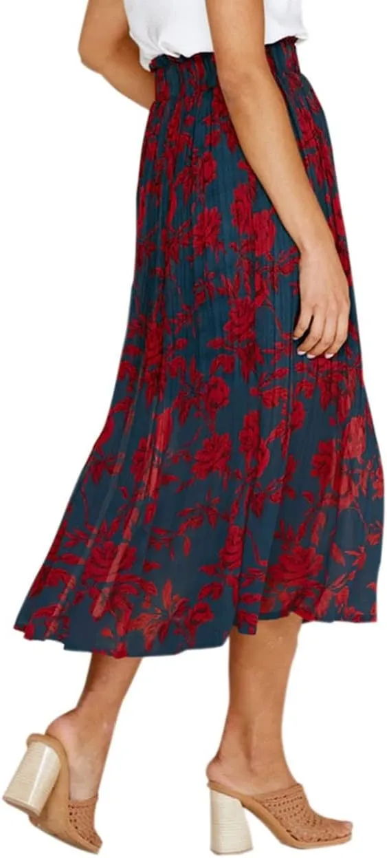 Women Trendy High Waist Ruffle Polka Dot Midi Swing Skirts Knee Length Boho Pleated Skirt with Pockets