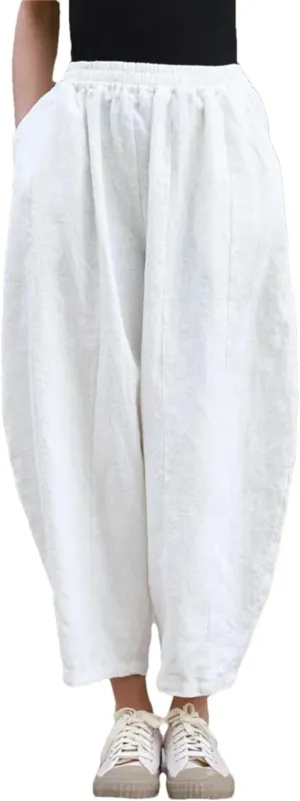 Women Vintage Cotton Linen Harem Pants Elastic Waist Solid Loose Casual Trousers