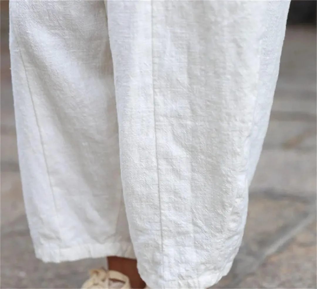 Women Vintage Cotton Linen Harem Pants Elastic Waist Solid Loose Casual Trousers