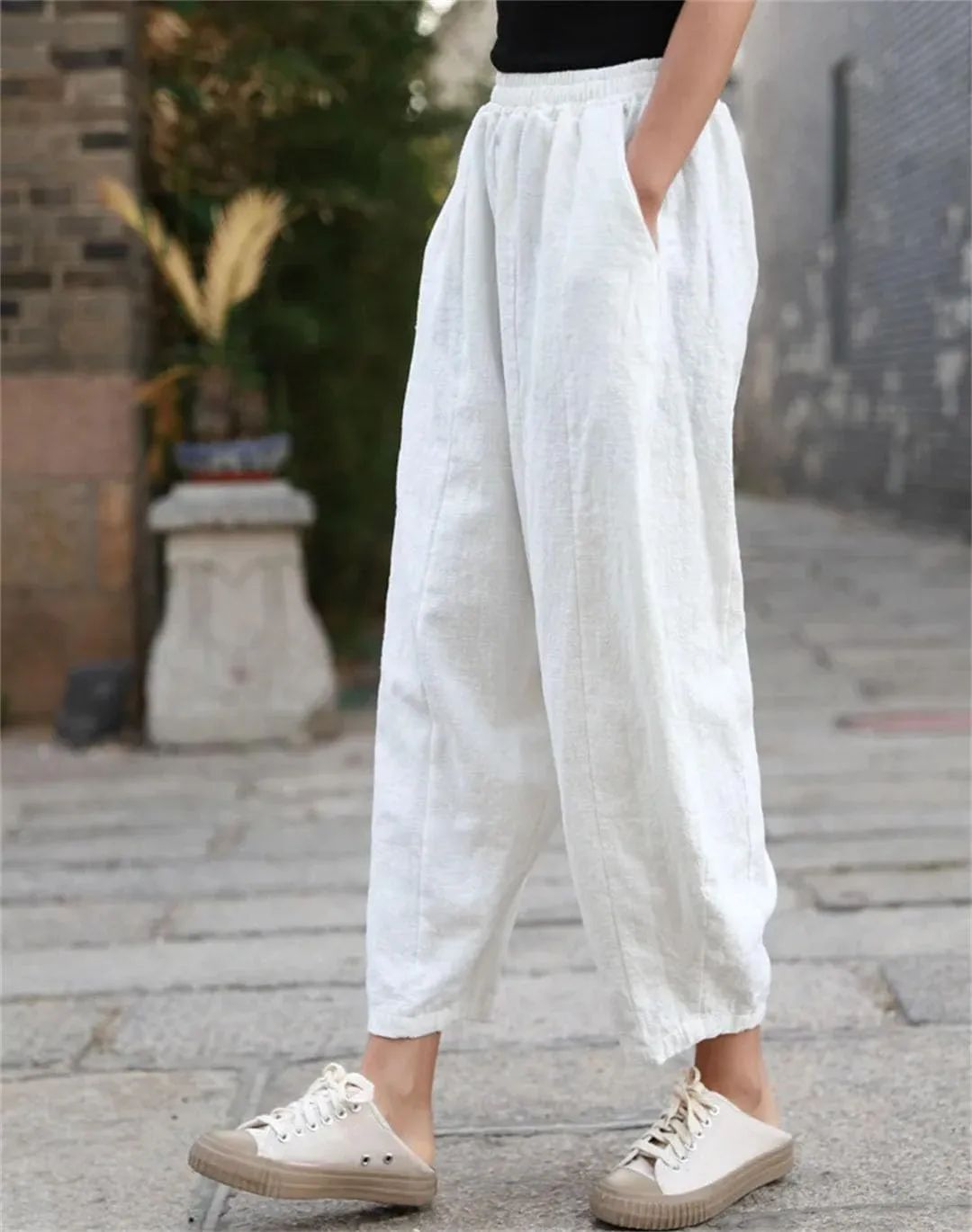 Women Vintage Cotton Linen Harem Pants Elastic Waist Solid Loose Casual Trousers