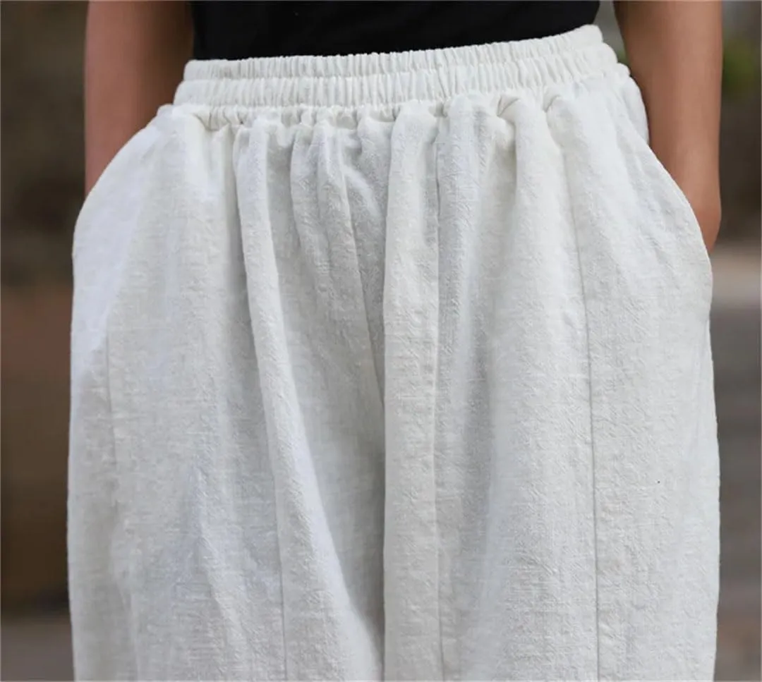 Women Vintage Cotton Linen Harem Pants Elastic Waist Solid Loose Casual Trousers
