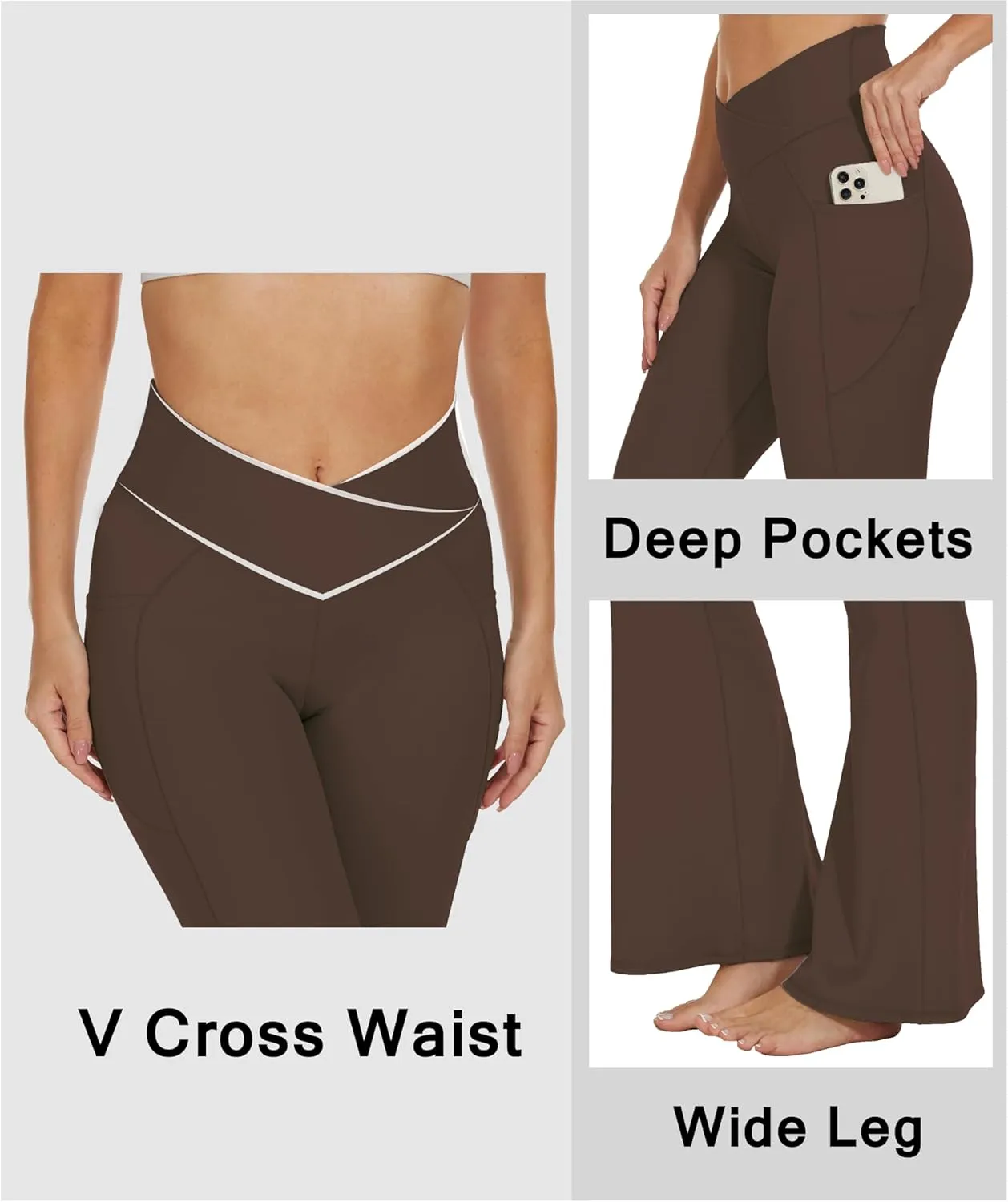 Womens 28"/30"/32"/34" Flare Crossover Leggings with Tummy Control, High Waist Wide Leg Yoga Pants with Pockets